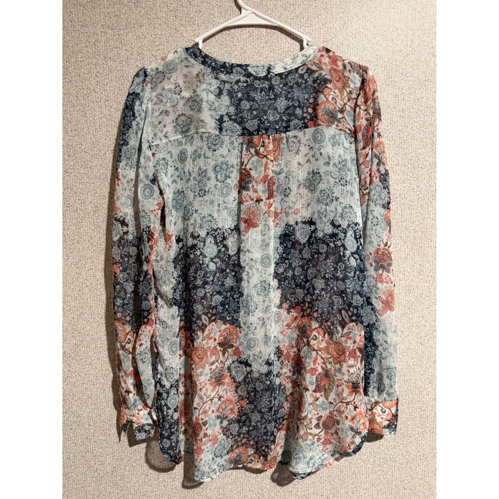 LOFT Womens Medium Floral Patchwork Pintuck Button Down Blouse Navy Coral White - Picture 6 of 7